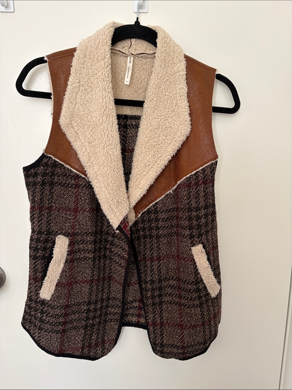 Kate Collection Brown Plaid Sherpa-Trim Vest with Tan Faux-Leather